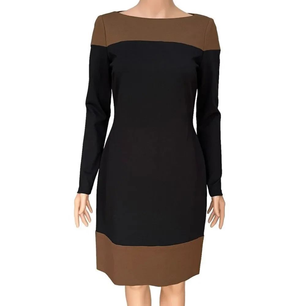 LAUREN RALPH LAUREN DRESS WOMEN'S STRAIGHT CLASSIC SHEATH toffee/BLACK Sz 4 NWT